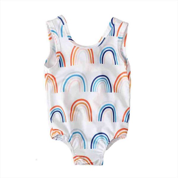 

kid toddler girls one-piece printed swimsuit round neck sleeveless rainbow pattern bodysuit swimwear, White