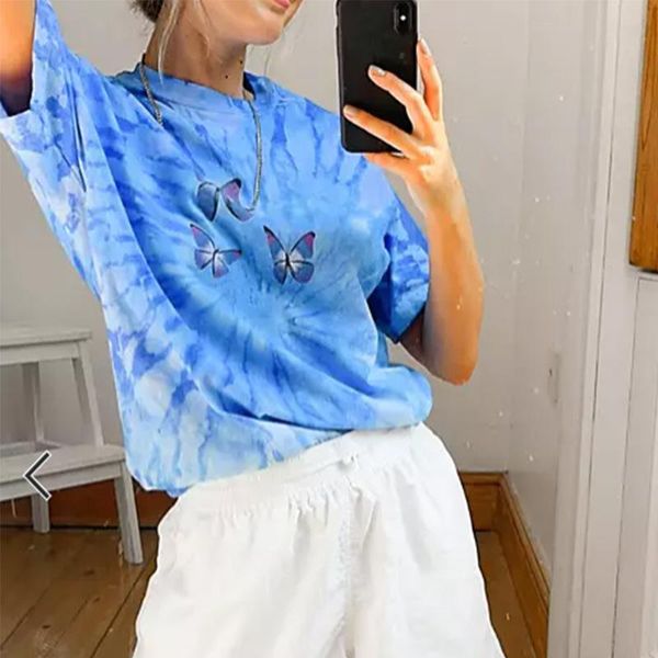 

women's t-shirt bright blue tie-dye hip hop butterfly print t shirts women o-neck loose vintage tshirts summer 2021streetwear casual la, White