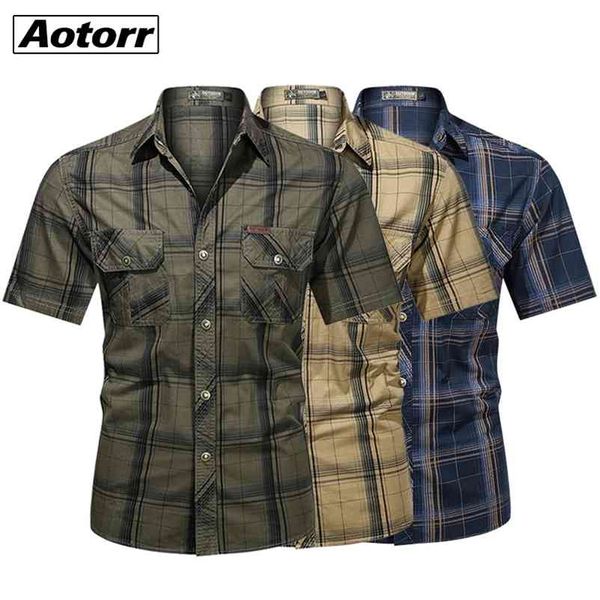 100% Baumwolle Armee Hemd Männer Mode Militär Kurzhülse Tops Casual Top Männliche Revers Plaid Arbeitshemden Sommer Armee Grün 5XL 210708