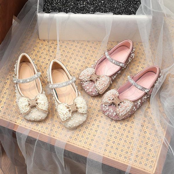 

flat shoes kids girls princess shoe girl' pearls rhinestones bling bowknot leather children' soft comfortable, Black;grey