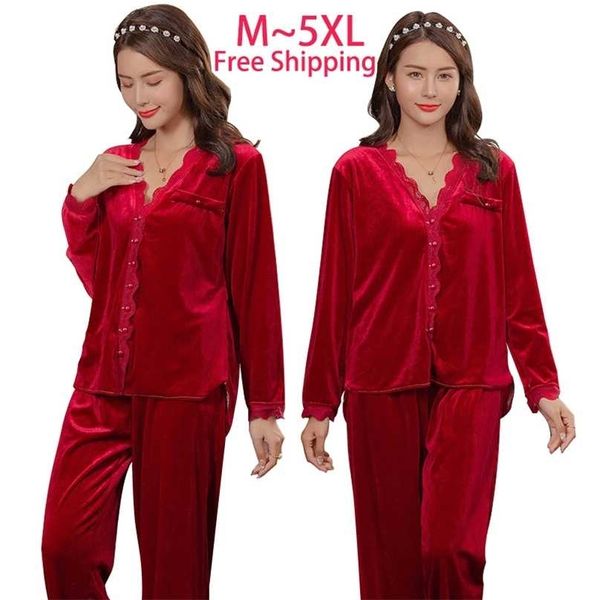

5xl plus large size pyjamas lace women's velvet pajamas fat nightie woman sleepwear kit warm bridesmaid pajama pj sets 211106, Black;red