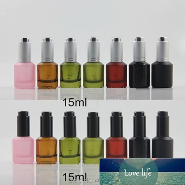 15ml de vidro gotas de vidro frasco essencial frascos recarregáveis ​​âmbar rosa verde vial com prata prata empurrador bomba 20pcs