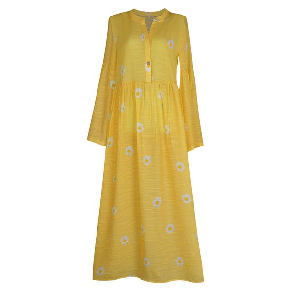 

2021 women dress ladies summer fashion casual daisy floral print long sleeves cotton v-neck loose maxi dresses plus size vestidos s-5xl, Black;gray