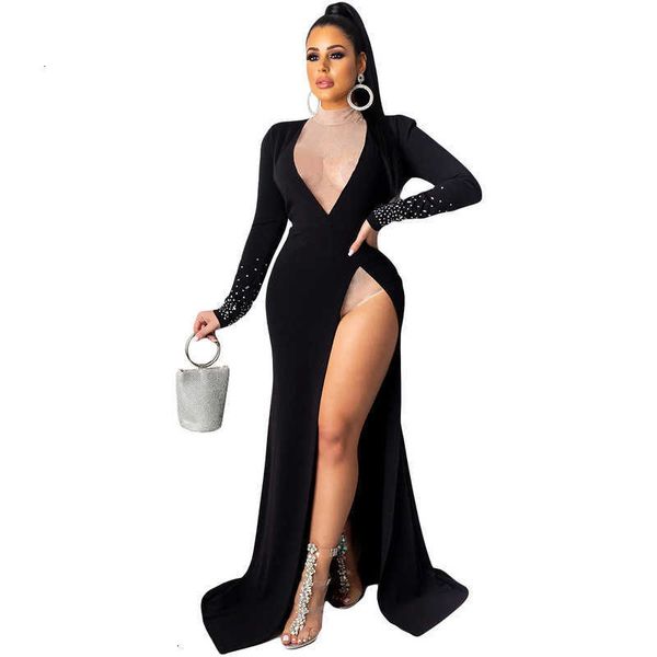 

casual dresses fashion v-neck drill slit long sleeve nightclub dress, Black;gray