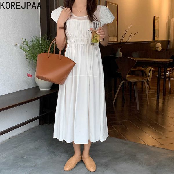 

korejpaa women dress summer korean chic french temperament perspective stitching round neck pleated puff sleeve vestidos 210526, Black;gray