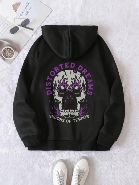

skeleton and letter graphic drawstring thermal lined hoodie 13wo#, White;black