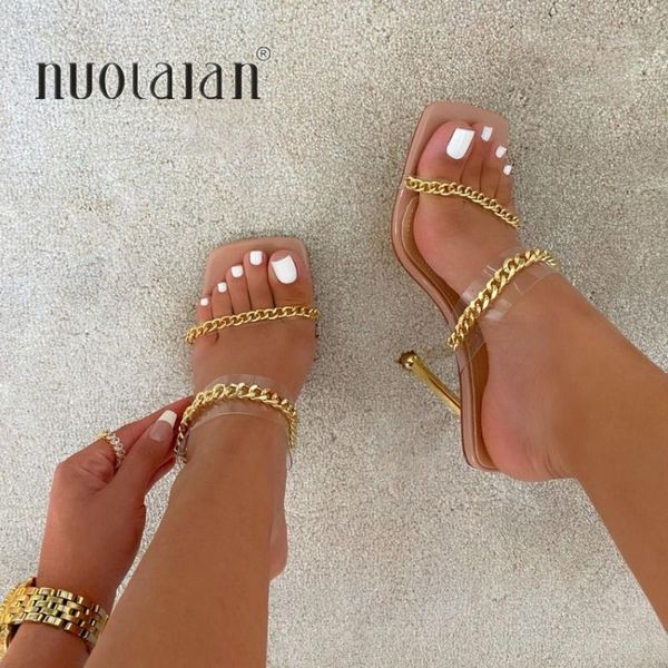 

sandals summer women square toe ladies heel mules clear pvc transparent high heels slippers female fashion chain shoes woman, Black