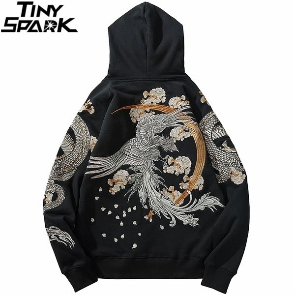 

mens hip hop streetwear hoodie chinese style dragon phoenix embroidery pullover new autumn cotton fleece floral sweatshirt 201128, Black