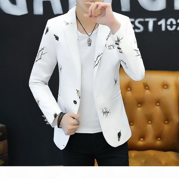 

2019 youth slim blazer men fashion casual spring print blazer, White;black