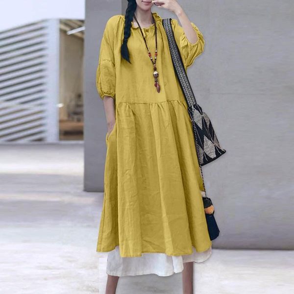 

solid sundress summer long dress casual vintage long sleeve vestido female cotton linen dresses 2021 vonda robe s-5xl, Black;gray