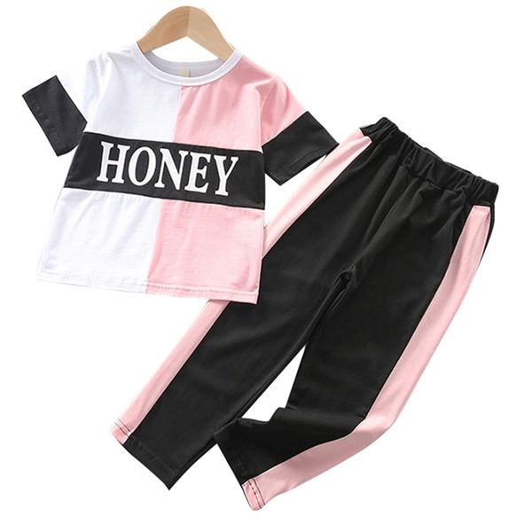 

children clothes patchwork girls clothing tshirt + pants set casual style kids summer 210528, White