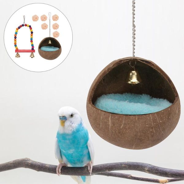 

bird cages 1 set parrot toys biting hanging swing coconut shell nest