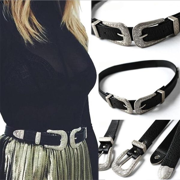 

belts women double buckle waist belt vintage boho metal leather punk, Black;brown