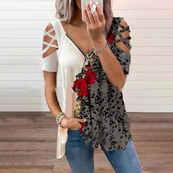 

women's blouses & shirts 5xl plus size women clothing short sleeve blouse flower print bandage v-neck summer tee loose casual lady 2021, White
