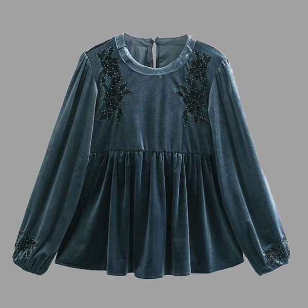 

women's blouses & shirts japan style blouse spring autumn korean fashion temperament loose casual retro velvet embroidery round neck lo, White