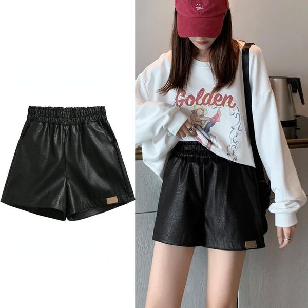 

women's shorts women bottom pu faux leather elastic high waist wide leg female short pants pantalon mujer y142, White;black
