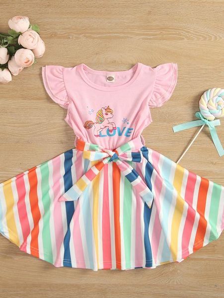 

toddler girls colorful striped & unicorn print layered sleeve belted dress she, Red;yellow