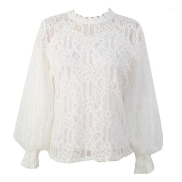 

women's blouses & shirts white lace mesh blouse women lantern sleeve stand collar long spring autumn fahsion solid colors casual