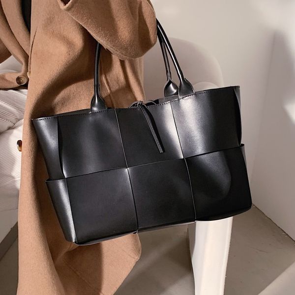 

women's quality leather weave large capacity tote big size plaid shopper handbags