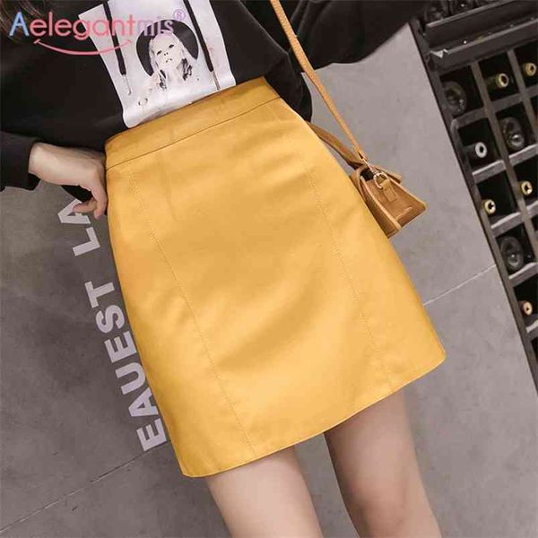 Aelegantmis verão moda elegante mulheres pu saia de couro ocasional cintura alta mini saia senhoras uma linha curta saias preto amarelo 210721