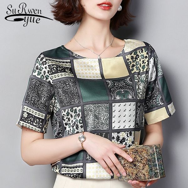 

blusas mujer de moda plaid print chiffon blouse short sleeve women shirts plus size camisas mujer women 3959 50 210302, White