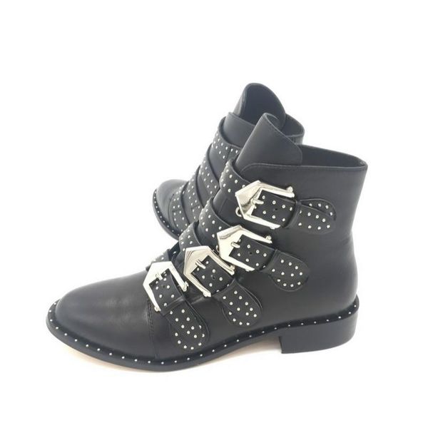 

boots prichicella genuine leather studded buckle strap ankle booties women's flats combat, Black