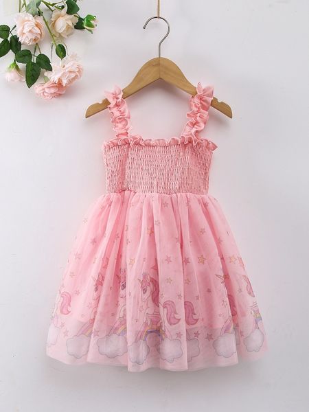 

toddler girls star & unicorn print shirred frilled mesh hem cami dress she, Red;yellow
