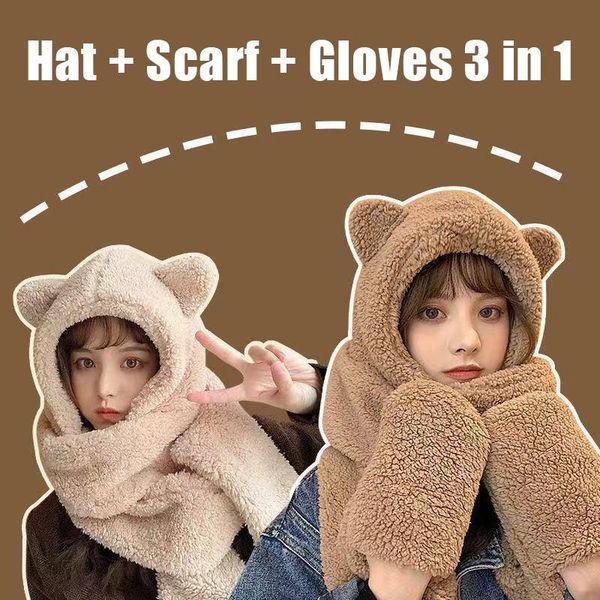 

scarves winter women novelty caps warm cute bear ear hat casual 3-in-1 plush scarf gloves solid fleece fou, Blue;gray