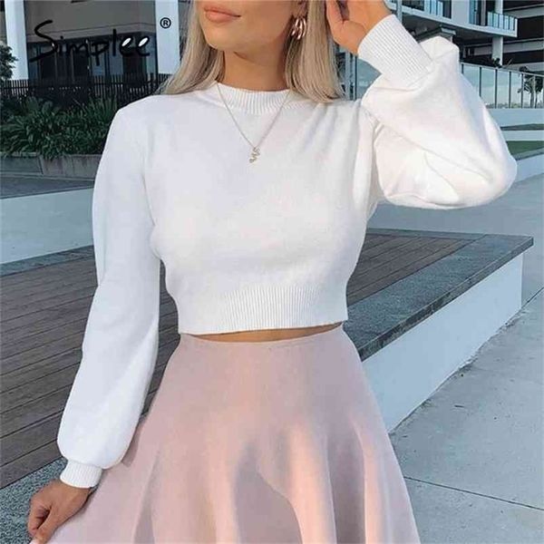 

high waist lantern sleeve women's sweater autumn winter white casual pullover high street style knitted sweater 210805, White;black