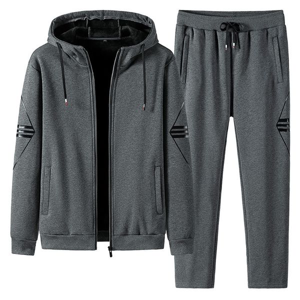 

sportswear men's autumn new plush thickened small terry cardigan sweater hooded casual coat men's suit, Gray