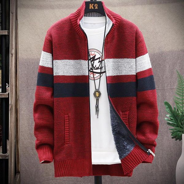 

men's sweaters 2021 casual splicing coat knitted stand collar cardigan plush thickened jacket sweater, White;black