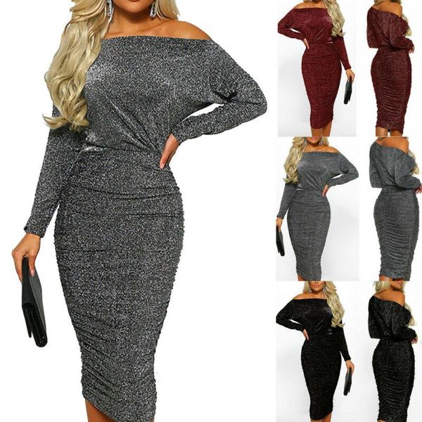 

casual dresses women summer dress bodycon formal off shoulder long sleeve ruffled glitter sequin evening party beach, Black;gray