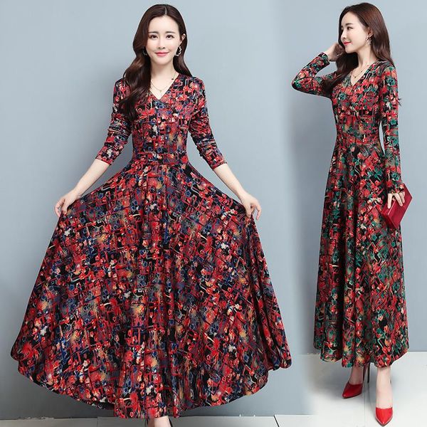 

casual dresses fall woman temperament v-neck slim long sleeve vintage knitted printed dress for women clothes autumn winter base, Black;gray
