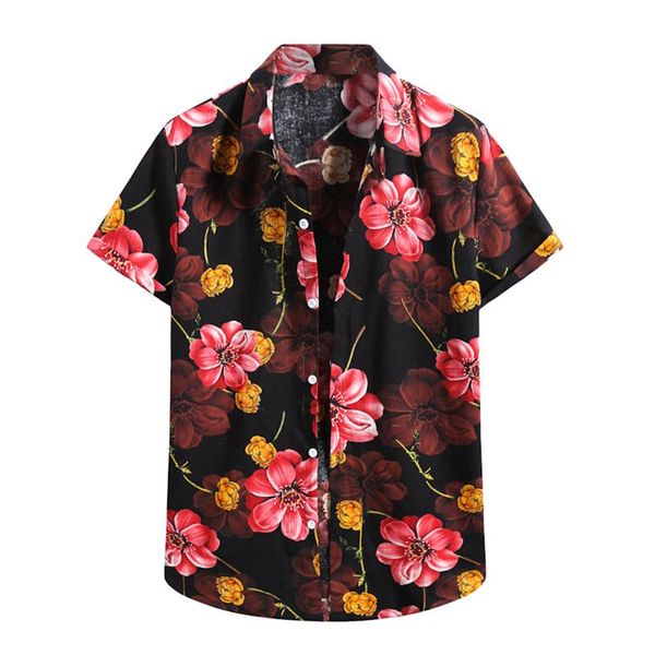 

men's casual shirts summer shirt slim fit short sleeve for men hawaiian print turn-down collar male blouse chemise homme, White;black