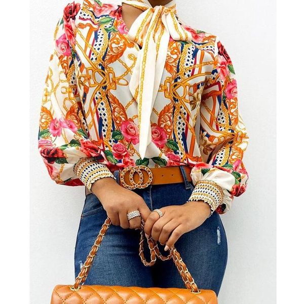 

women's blouses & shirts scarf neck baroque print women retro lantern sleeve blouse shirt elegant office lady fashion blusa mujer, White