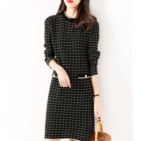 

casual dresses small sweet atmosphere quality dress long sleeve goddess fan chunqiu paragraph render midi socialite wool knitting, Black;gray