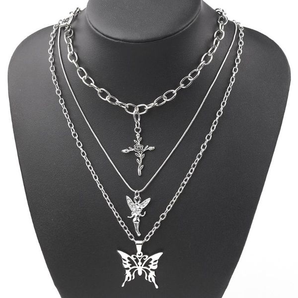 

pendant necklaces hollow out butterfly angel cross shape necklace hip hop 3 layers alloy birthday jewelry gifts for women girls, Silver