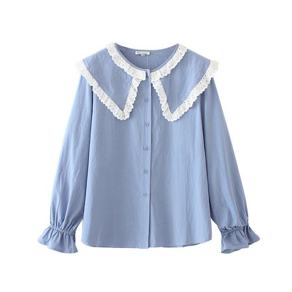 

pure color casual women's blouse plus size sweet lace collar spring and autumn small horn sleeve blue white women shirts