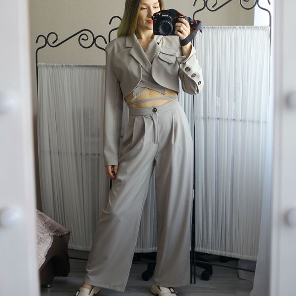 

summer korean two piece set women crop lace-up blazer coat + high waist pants suit sets autumn streetwear 2 piece sets, White