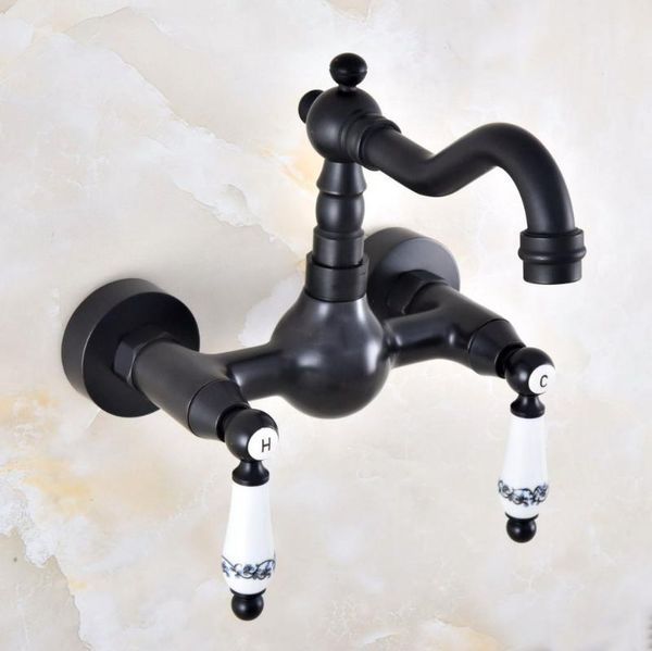 

bathroom sink faucets black oil rubbed brass double hole lever handle kitchen basin faucet mixer / cold tap swivel spout 360' dnf859