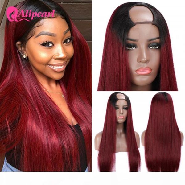 

alipearl hair u part wig #1b 99j straight human hair wigs for black women 150% 180% density brazilian ombre colored wigs, Black;brown
