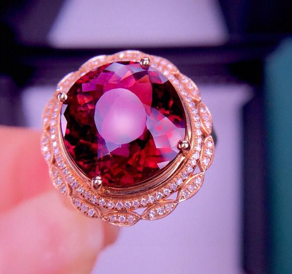 

cluster rings e419 fine jewelry pure 18k gold natural red tourmaline 6.5ct gemstones diamonds gift female for women ring, Golden;silver