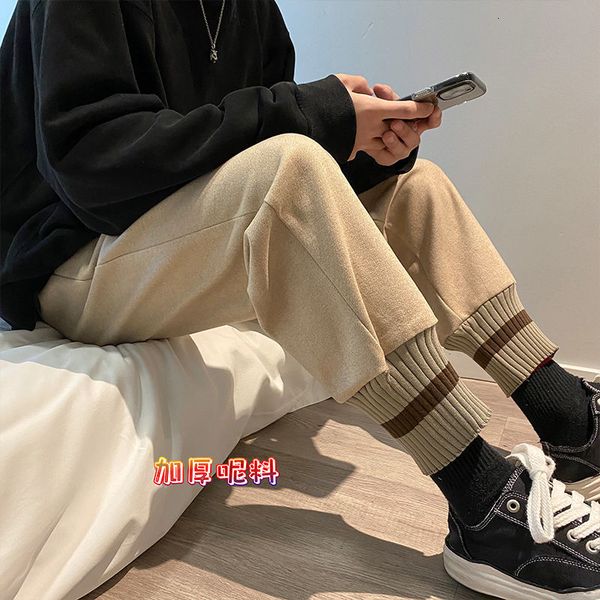 

2021 new winter thick woolen men's warm fashion casual men streetwear wild loose hip-hop straight pants mens m-5xl yhbl, Black