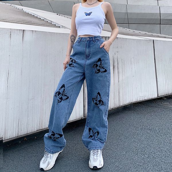 

2021 new streetwear butterfly print straight slim loose jeans for women's floor wide leg pants a783, Black;white