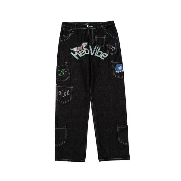 

men's jeans retro pockets letter embroidery vibe style casual mens denim trousers streetwear straight washed loose pants oversized, Blue