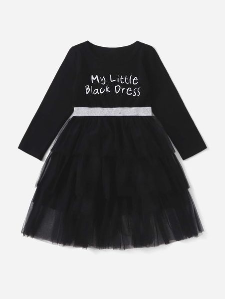 Kleinkind Mädchen 1-teiliges Slogan Graphic Glitter Tape Layered Mesh Dress SHE