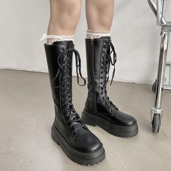 

boots 2021 women platform knee high boot ladies punk non slip chunky heelautumn winter woman zip casual footwear female lace up shoes, Black