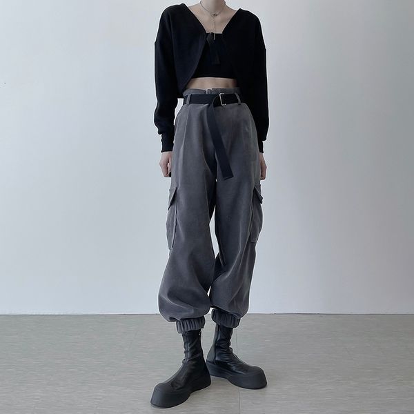 

2021 spring new belt high waist pants gray fashion all-match streetwear trousers women leg retraction sweatpants b25p, Black;white