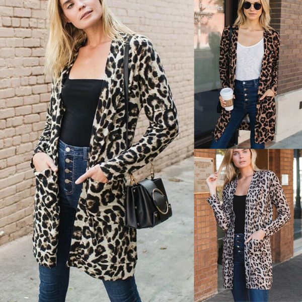 

women casual long mouw leopaed print vest raspler trui jas 2021 new, Black;brown