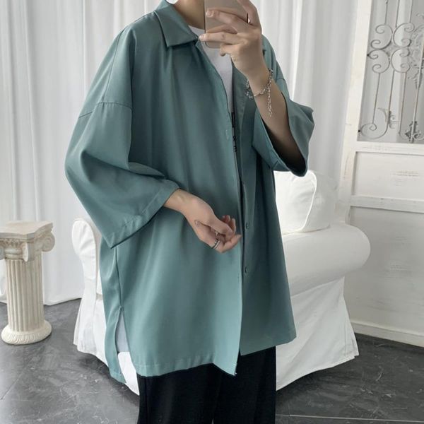 

summer dress shirt men's fashion solid color business casual shirt men streetwear wild loose short sleeve mens -2xl, White;black